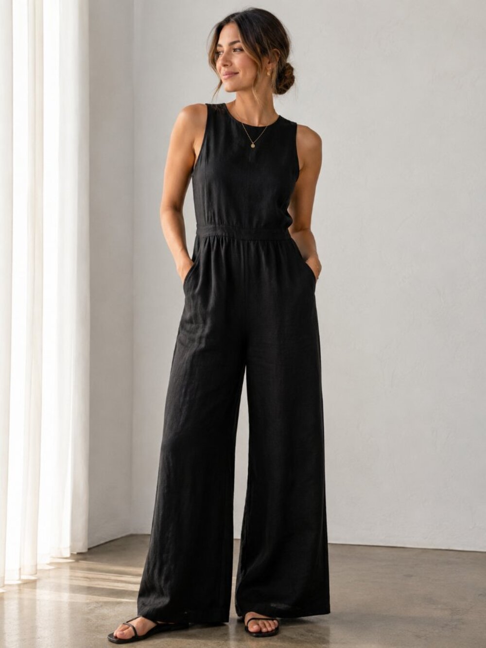 Tahari Black Linen Blend Sleeveless Wide Leg Jumpsuit Women's Sz 8 Pockets 1243